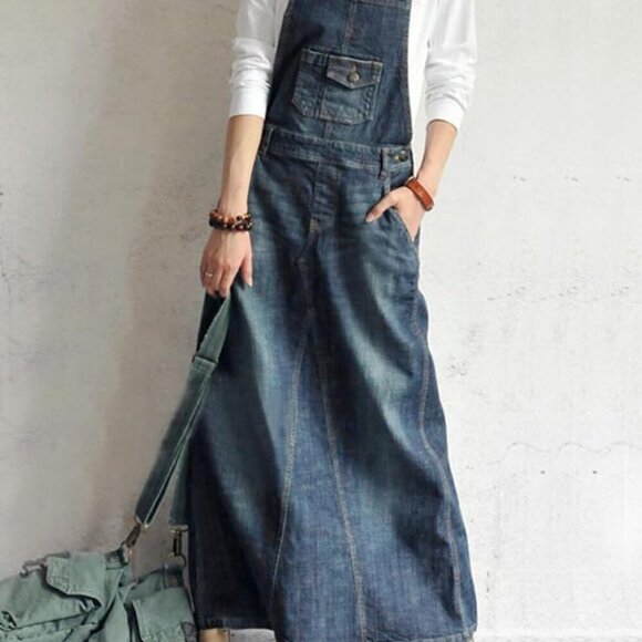 Women's Vintage Adjustable Strap Denim Overall Dress Distressed A-Line Pinafore - Picture 2 of 6